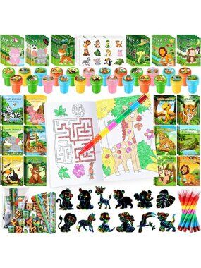 192Pcs Jungle Safari Party Favors Set - Zoo Animals, Coloring Books, Crayons